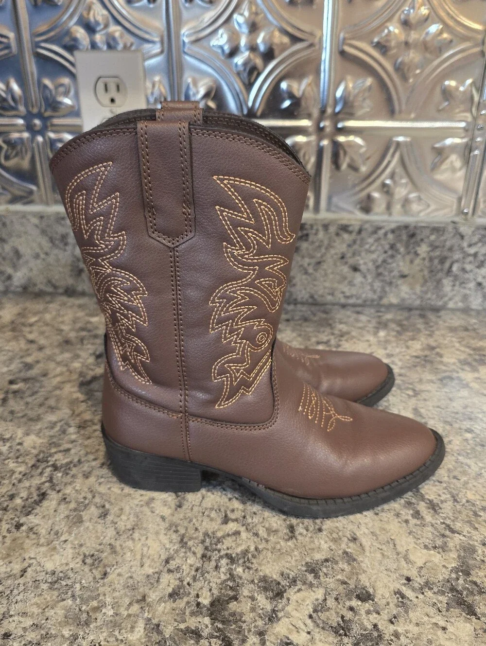 Deer Stags Ranch Cowboy Western Dark Brown Faux Leather Boots Boys Girls Sz 13c